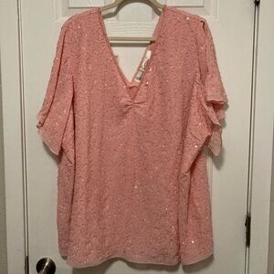 Candlelight & Champagne Light Peach Vintage V Neck  Beaded Sequin Blouse Top #D